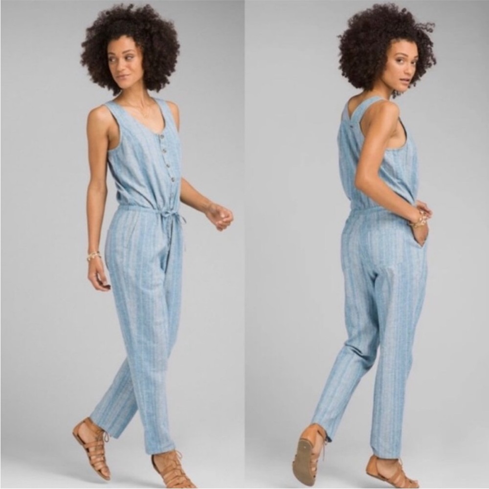 prAna Wayfarers Chambray Jumpsuit Romper Blue Stripe Hemp Blend Small